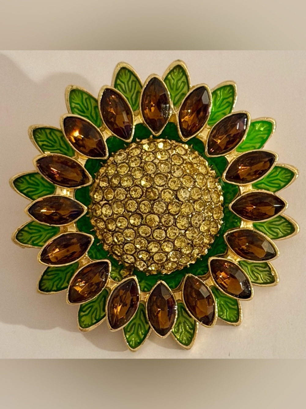 Vintage Sunflower Brooch Amber Rhinestone Green Enamel Gold Tone Pin Like New